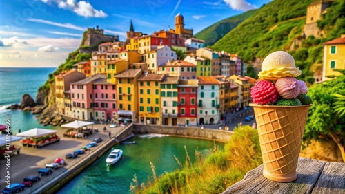 Artisanal gelato with a view of colorful houses in Vernazza, Cinque Terre, Italy , gelato, artisanal, Italy, Vernazza, Cinque Terre, colorful houses, view, scenic, travel, destination