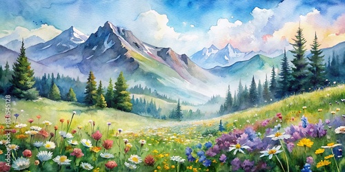 Mountain meadow flowers in watercolor , Arnica, Bellflower, Edelweiss, Gentian, high altitude, flora, colorful, vibrant, botanical, isolated, background, nature, wilderness, alpine photo