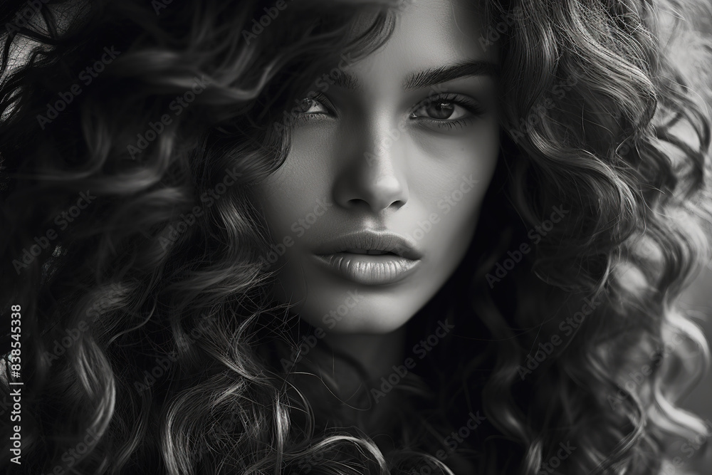 Monochrome Close Up of Woman with Curly Hair Monochrome Close Up of Woman with Curly Hair