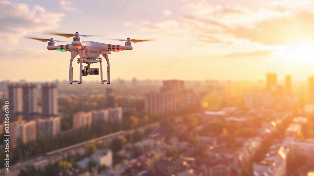 Drone Flying Over Urban Cityscape at Sunset for Aerial Photography and Videography Drone Flying Over Urban Cityscape at Sunset for Aerial Photography and Videography