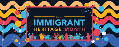 June is Immigrant Heritage Month geometric shape pattern background design template. Holiday concept. use to background, banner, placard, card, and poster design template with text inscription. 
