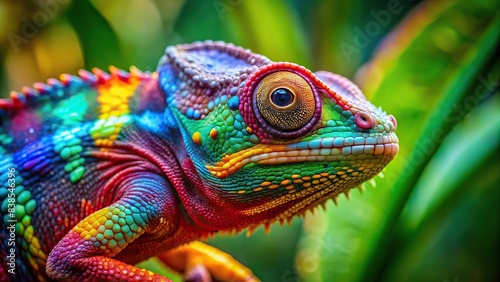 Vibrant and colorful chameleon blending into its surroundings, camouflage, reptile, nature, wildlife, tropical, exotic, lizard, colorful, vibrant, unique, adaptation, environment © tammanoon