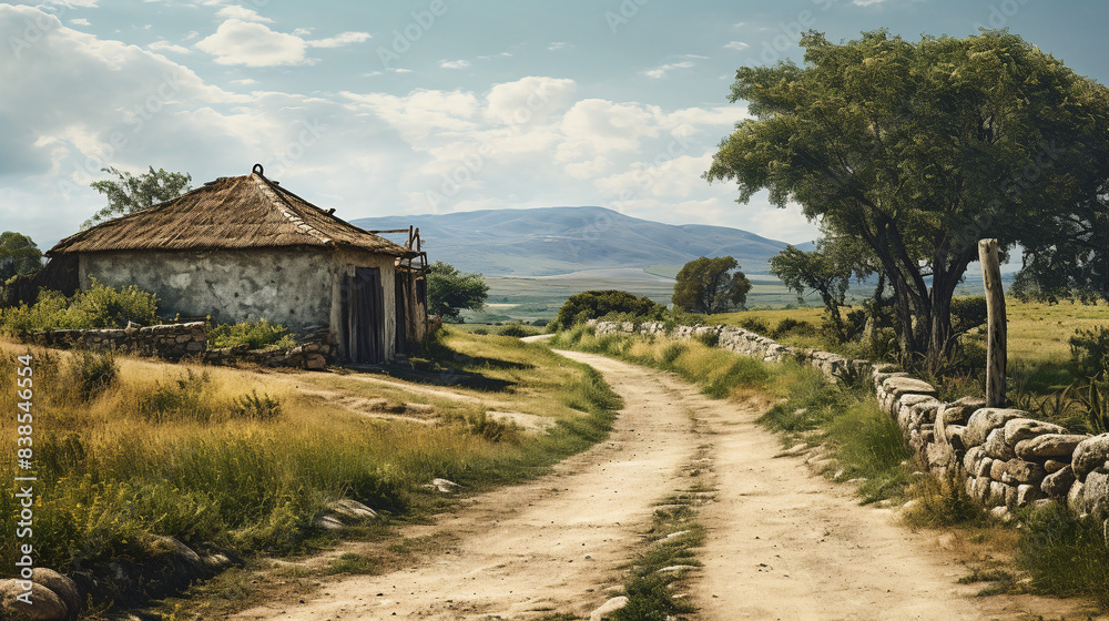 Fototapeta premium Dirt Path with Traditional Stone House and Lush Green Fields
