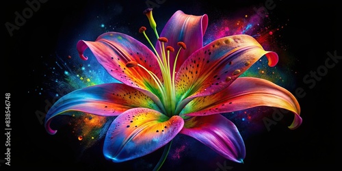 Beautiful lily painted with colorful neon watercolors on black background   vibrant  artistic  floral  botanical  vibrant  neon  watercolor  painting  black background  vibrant colors