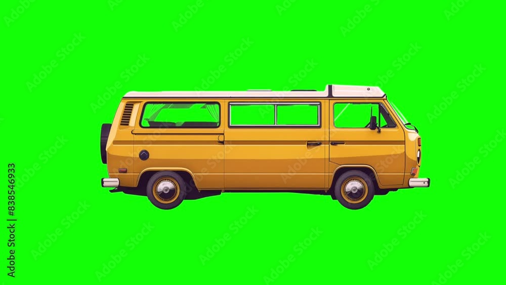 Traditional Camper Van Animated Against a Green Background. Adventure, trip, Vacation concept Traditional Camper Van Animated Against a Green Background. Adventure, trip, Vacation concept