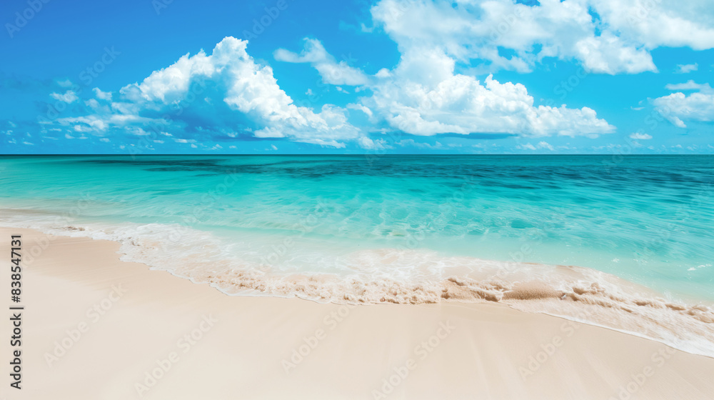 Beautiful landscape of the sandy beach and crystal clear blue ocean.