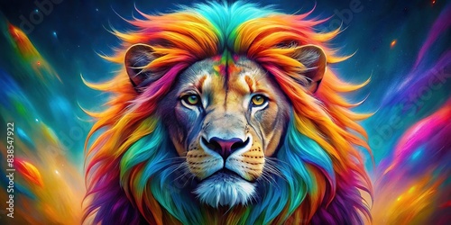 Vibrant lion with colorful mane   Lion  colorful  mane  wild  animal  vibrant  wildlife  big cat  predator  fierce  majestic  nature  Africa  king of the jungle  beautiful  carnivore
