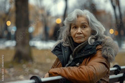 Elderly woman sitting on a bench in a park during a cold day, conveying loneliness and sorrow in a melancholy atmosphere