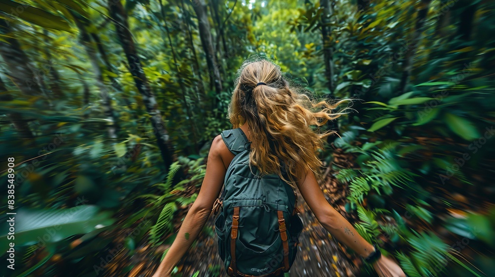 An action shot of a woman walking through a dense jungle, with a radial motion blur effect An action shot of a woman walking through a dense jungle, with a radial motion blur effect