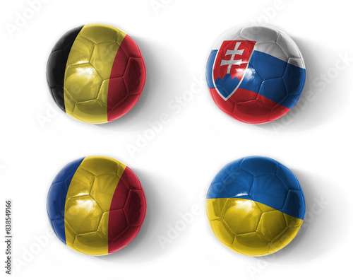 europe group . football balls with national flags of  soccer teams. on the white background.