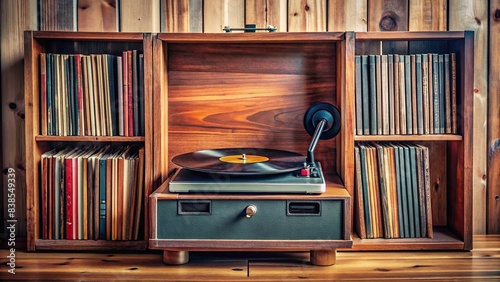 Vintage vinyl record player with classic albums on wooden shelf, retro, music, nostalgia, old-fashioned, audio equipment, vintage, collection, memorabilia, antique, record player, vinyl