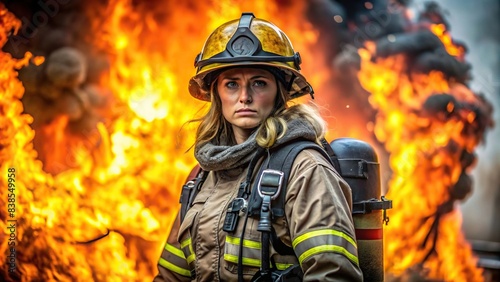 A female firefighter surrounded by flames in a dangerous rescue mission , blaze, firefighter, courage, brave, heat, emergency, danger, hero, uniform, firefighting gear, intense, female, fire © tammanoon