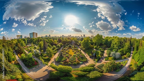 Wide-angle fisheye photograph of a lush garden city photo