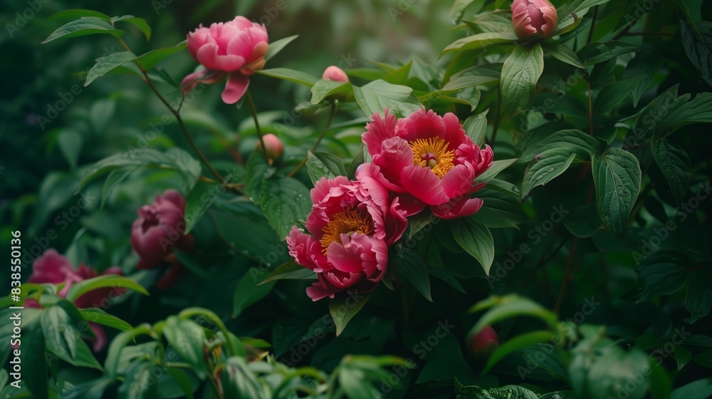 Lush peonies blooming amidst natural surroundings. Lush peonies blooming amidst natural surroundings.
