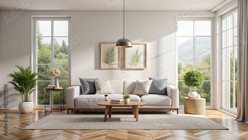 White minimalist living room interior with sofa on a wooden floor  decor on a large wall  white landscape in window. Home Nordic interior   Scandinavian interior poster mock up  white
