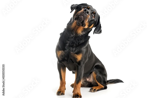 best photograph of a sitting Rottweiler with its head tilted in curiousity isolated on a pure white featureless background 