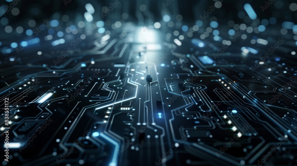 Charcoal Silver White abstract background with digital glowing lights and circuit board elements on a dark blue background, high quality 3D rendered illustration of an abstract futuristic technology Charcoal Silver White abstract background with digital glowing lights and circuit board elements on a dark blue background, high quality 3D rendered illustration of an abstract futuristic technology