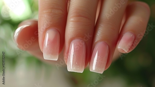 A close up of a woman s hand with pink and white nails  AI