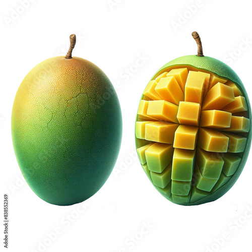 Compare and contrast the appearance of a ripe mango on a white background photo