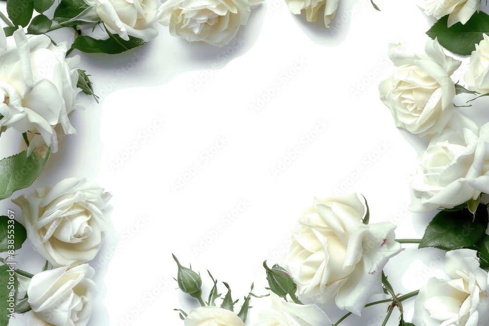 White Rose Border. Elegant Floral Frame for Spring Wedding or Mother's Day White Rose Border. Elegant Floral Frame for Spring Wedding or Mother's Day