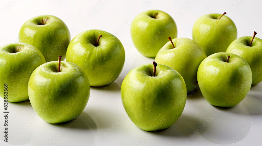 Group of ten fresh ripe green apples on white background. Group of ten fresh ripe green apples on white background.