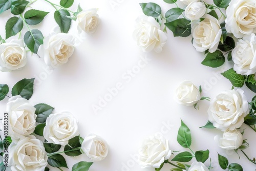 Fototapeta Naklejka Na Ścianę i Meble -  White Rose Border. Beautiful Border of White Roses for Spring Weddings