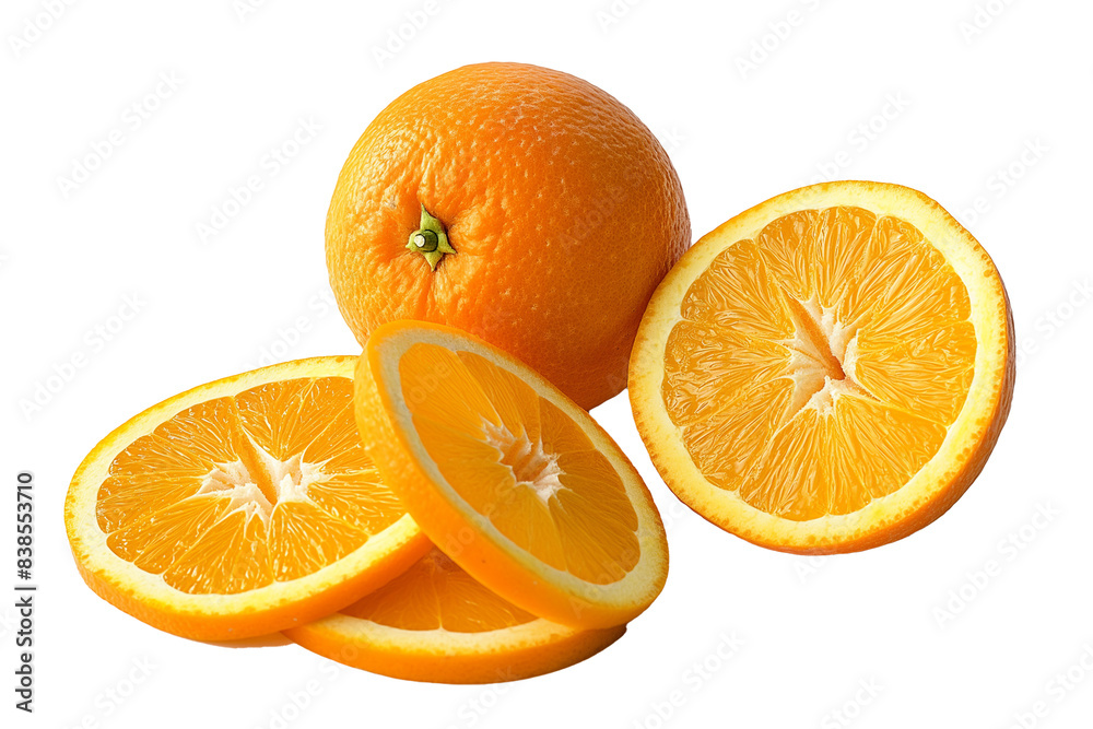 Fototapeta premium A sliced orange with a small piece of orange on top, transparent backgrounds PNG