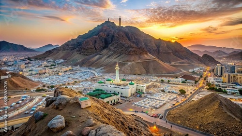 A serene landscape of Mount Arafah with no people present, mountain, desert, pilgrimage, Islam, religious, sacred, valley, sky, clouds, horizon, scenic, peaceful, spiritual, outdoor, travel photo