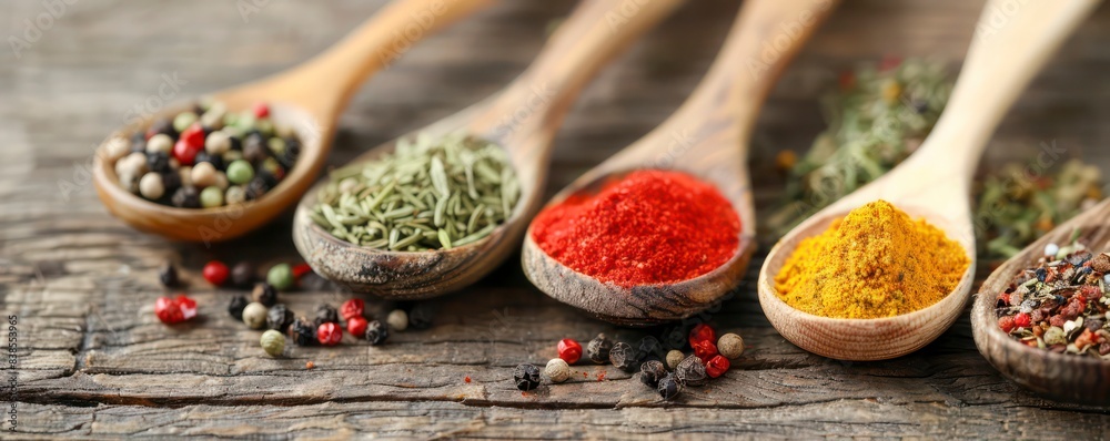 Various Colorful Herbs and Spices in Spoons on Wooden Table Background - AI Generated Various Colorful Herbs and Spices in Spoons on Wooden Table Background - AI Generated
