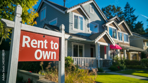 Rent to Own sign in front of a suburban house, sunny day