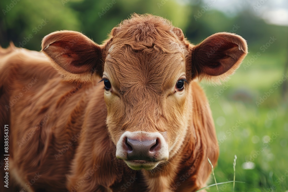 Young Cow in Natural Farm Setting: Little Calf in Rustic Red Country Scene Young Cow in Natural Farm Setting: Little Calf in Rustic Red Country Scene