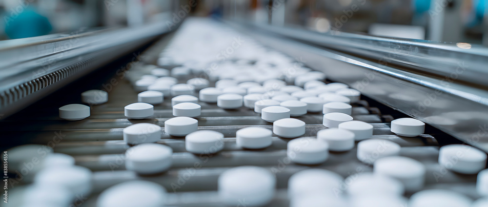 food additives and pills on a conveyor belt in a pharma factory production line. Great for demonstrating pharmaceutical manufacturing, industrial automation, production efficiency food additives and pills on a conveyor belt in a pharma factory production line. Great for demonstrating pharmaceutical manufacturing, industrial automation, production efficiency
