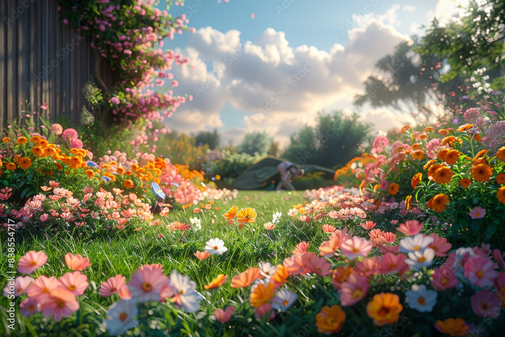 A gardener tending to their blooming flowers in the backyard. Concept of nurturing and nature. Generative Ai. A gardener tending to their blooming flowers in the backyard. Concept of nurturing and nature. Generative Ai.