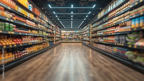 A supermarket aisle sharply focused on the floor leading to blurred shelves stacked with products. photo