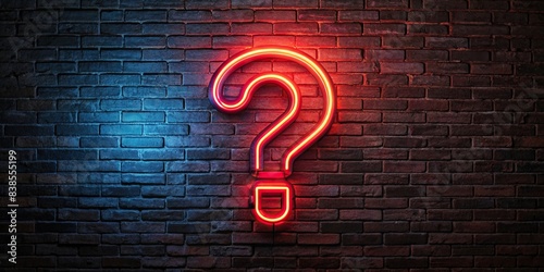 Close-up of a question mark with red neon lighting on a dark brick wall, Q and A concept , neon, question mark, dark, brick, wall, red, lighting, close-up, inquiry, mystery, puzzle