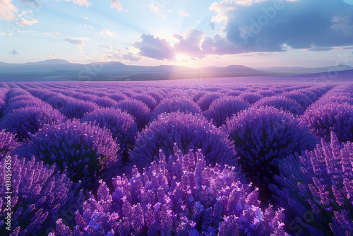 Overhead perspective of a blooming lavender field. Concept of agriculture and vibrant colors. Generative Ai.
