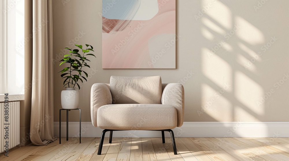 Modern and confortable light beige armchair against a beautiful abstract work of art in light pastel colors. Living room with a wooden floor.