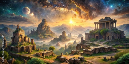 A mystical landscape with ancient ruins and celestial visions, mystery, ancient, mystical, celestial, ruins, landscape, fantasy, magical, archaeology, history, enoch, ancient civilization © Sompong