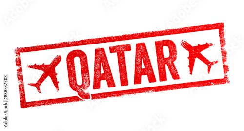 Qatar is a peninsular Arab country whose terrain comprises arid desert and a long Persian (Arab) Gulf shoreline of beaches and dunes, text emblem stamp with airplane