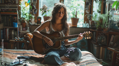 Beautiful young woman sitting in room and playing acoustic guitar peacefully. Generative AI © Budimir Jevtic