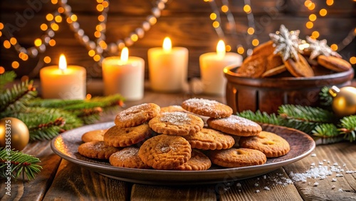 Plate of ginger cookies with lit candles in background , gingerbread, cookies, candles, warm, white plate, homemade, delicious, holiday, festive, sweet, cozy, Christmas, lights, soft glow