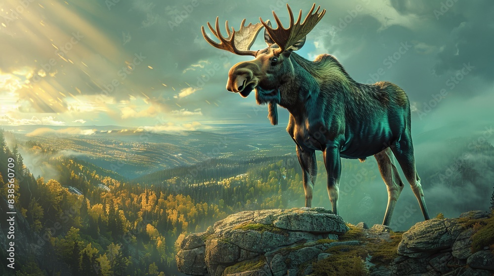 Majestic Moose Standing on Rocky Cliff Overlooking Sunlit Forested Valley at Dawn in Breathtaking Nature Landscape Majestic Moose Standing on Rocky Cliff Overlooking Sunlit Forested Valley at Dawn in Breathtaking Nature Landscape