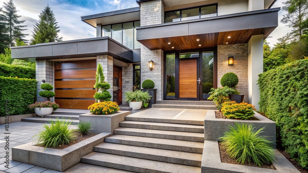 Modern family house entrance with stylish doors, stairs, decorative shrubs, and a paved walkway , entrance, modern, family, house, doors, stairs, ornamental shrubs, paved walkway