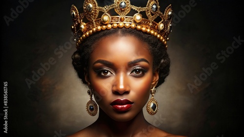 of a beautiful African American woman with a crown on her head , queen, regal, beauty, royal, elegance, black woman, Afrocentric, pride, empowerment, diversity, African American, ethnic photo