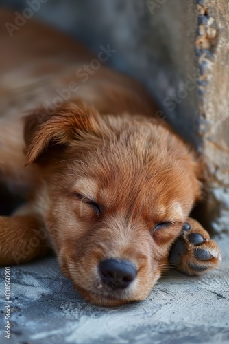 sleepy cute brown puppy  Generative AI © Roman
