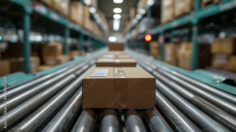 Automated Warehouse with Shipping Boxes on Conveyor Automated Warehouse with Shipping Boxes on Conveyor