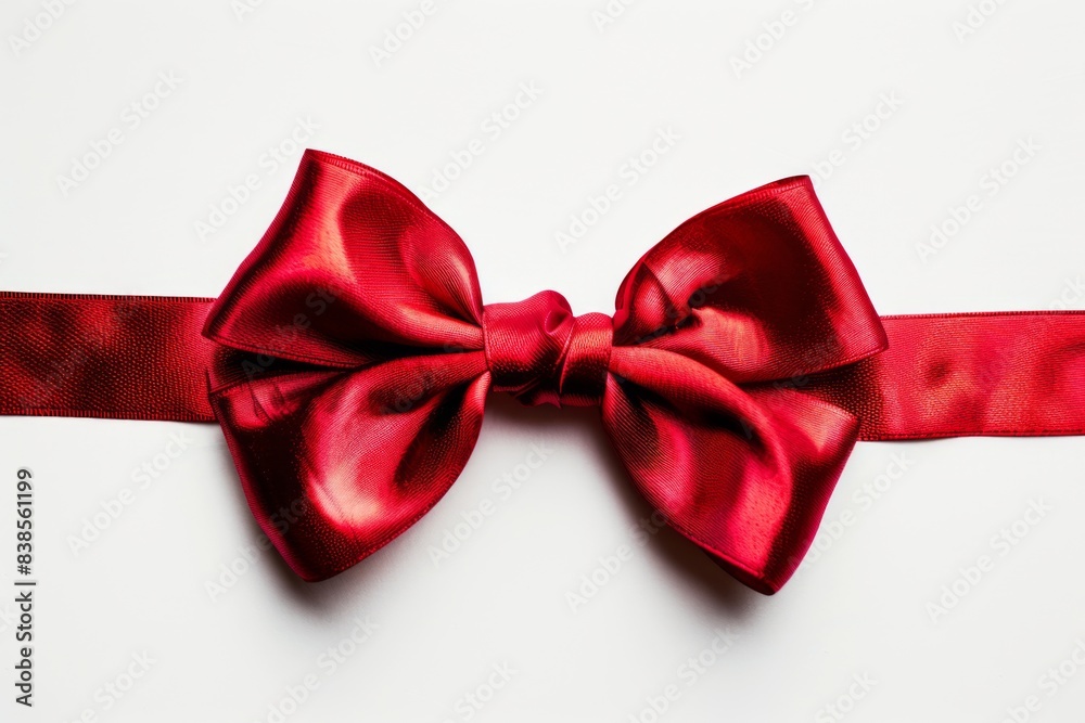 Red bow ribbon with ribbon for card isolated on white background. Holiday decoration