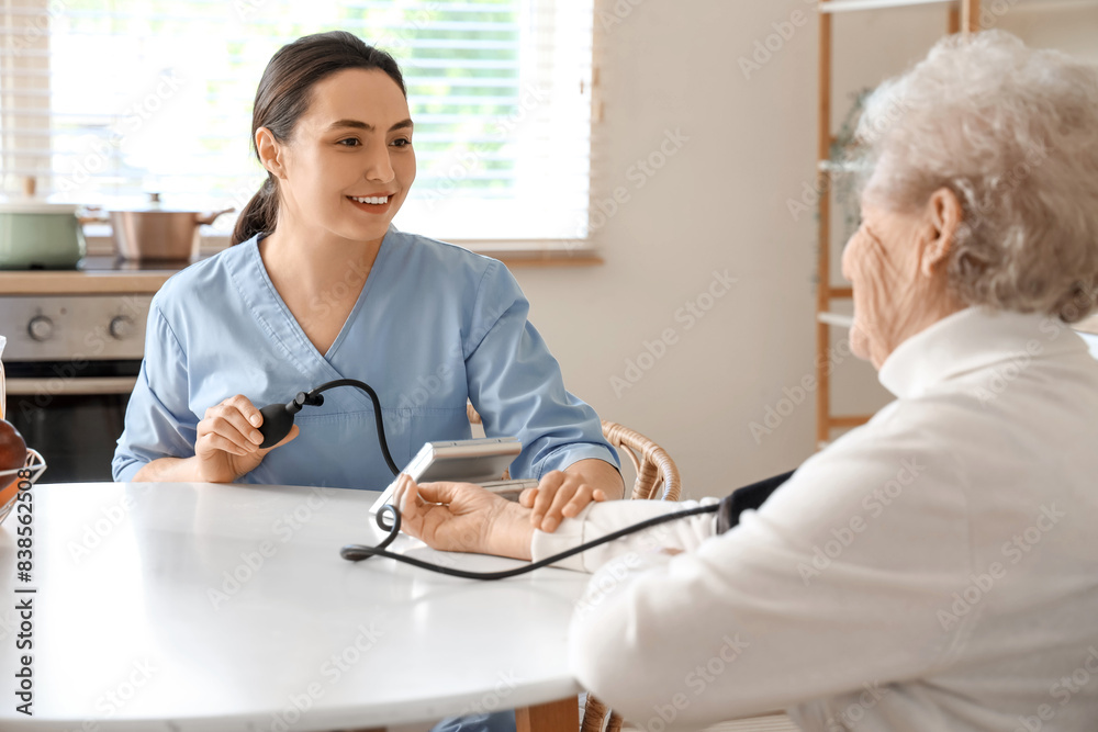 Fototapeta premium Physical therapist measuring senior woman's blood pressure at table in kitchen