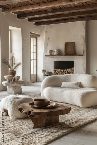 A living room with a fireplace and white furniture in it  AI