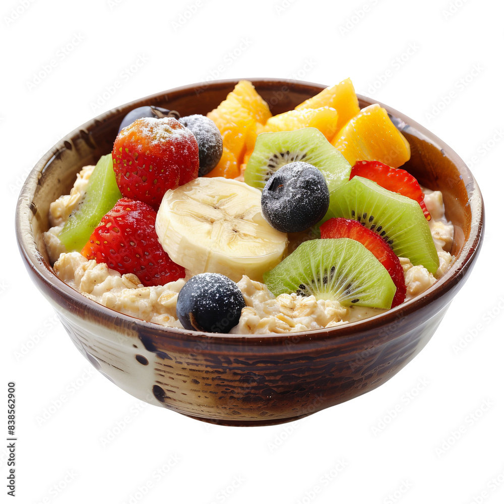 bowl of oats topped with fresh banana slices, kiwi, strawberry, blueberry, and peach, isolated on white background, transparent background bowl of oats topped with fresh banana slices, kiwi, strawberry, blueberry, and peach, isolated on white background, transparent background